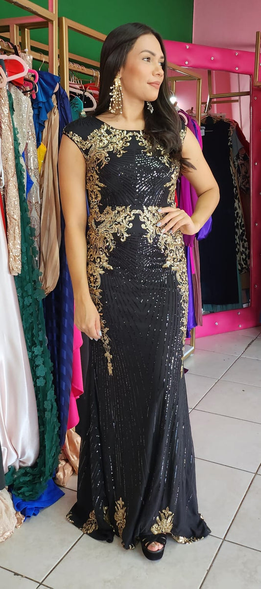 Vestido tonos negro con dorado